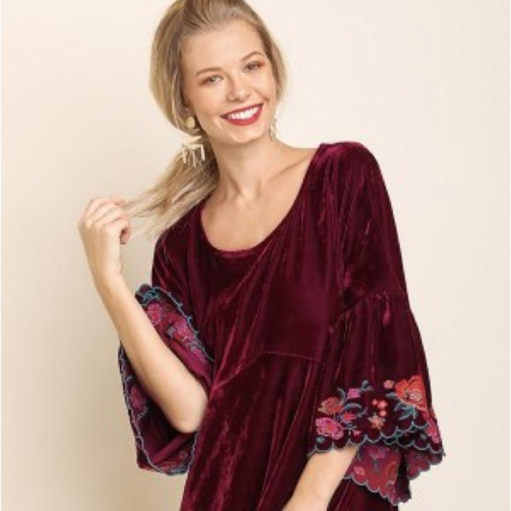 Umgee Burgundy Velvet Dress with Floral Embroidered Sleeves